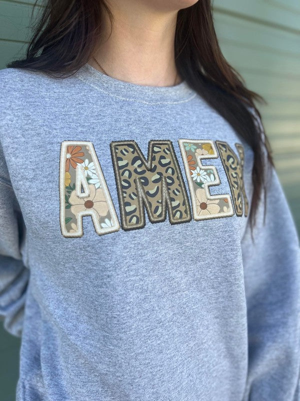 Faux Embroidery Amen Patch Sweatshirt