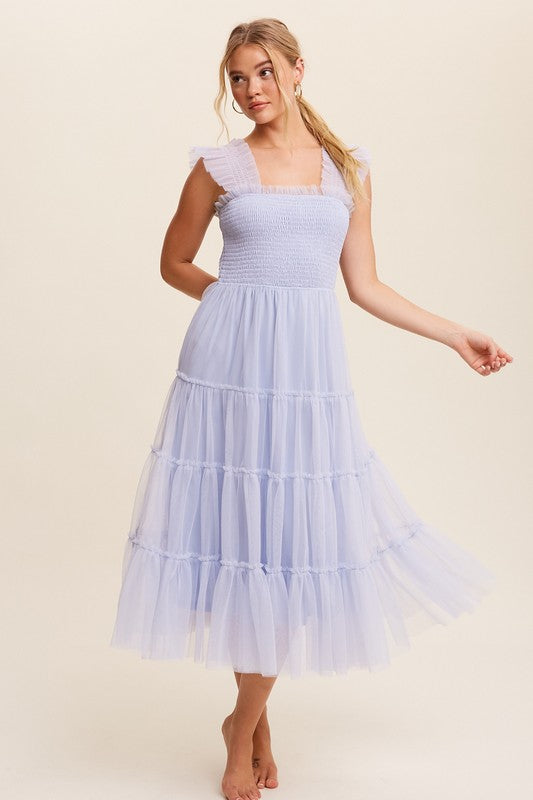 Smocked Ruffle Tiered Mesh Midi Maxi Dress