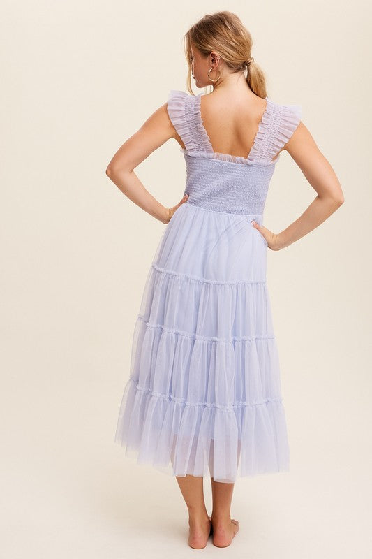 Smocked Ruffle Tiered Mesh Midi Maxi Dress