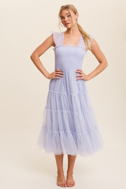 Smocked Ruffle Tiered Mesh Midi Maxi Dress