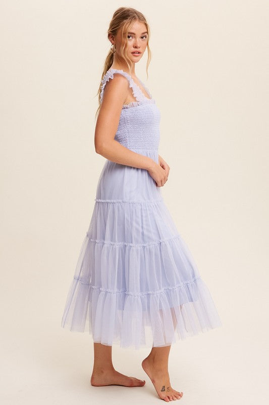Smocked Ruffle Tiered Mesh Midi Maxi Dress