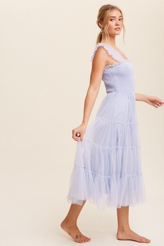 Smocked Ruffle Tiered Mesh Midi Maxi Dress