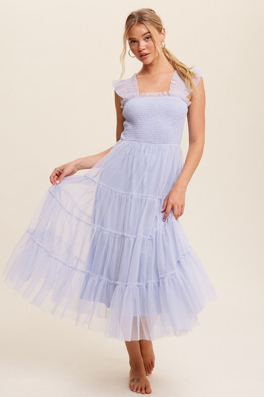 Smocked Ruffle Tiered Mesh Midi Maxi Dress