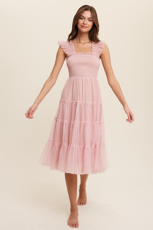 Smocked Ruffle Tiered Mesh Midi Maxi Dress