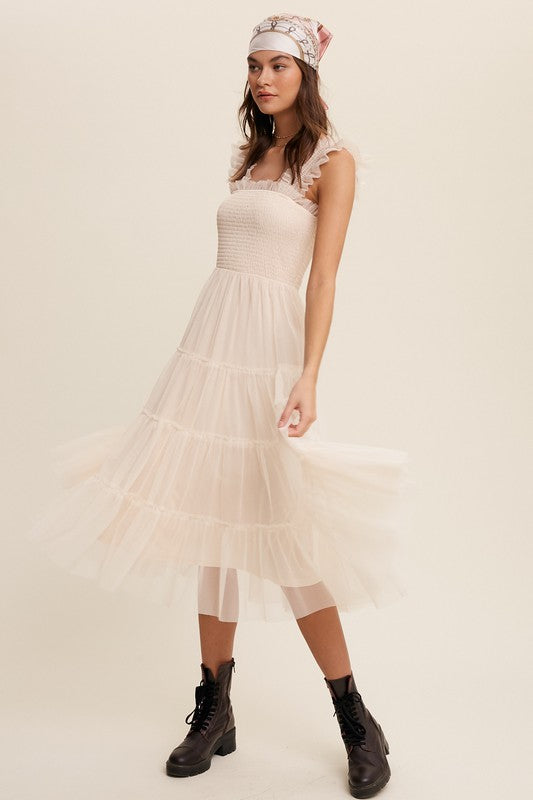 Smocked Ruffle Tiered Mesh Midi Maxi Dress