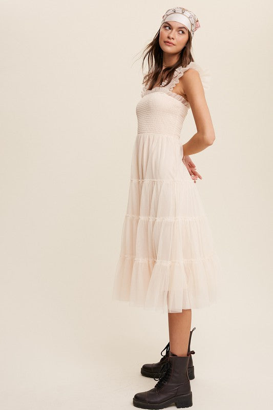 Smocked Ruffle Tiered Mesh Midi Maxi Dress