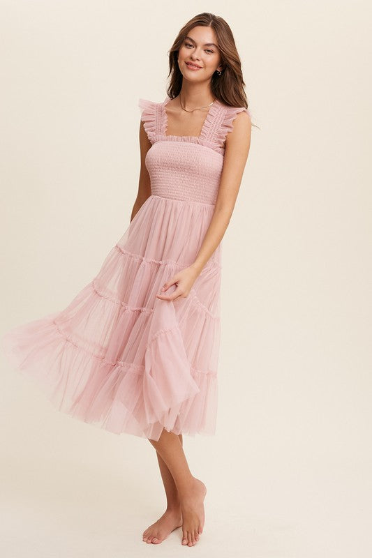 Smocked Ruffle Tiered Mesh Midi Maxi Dress
