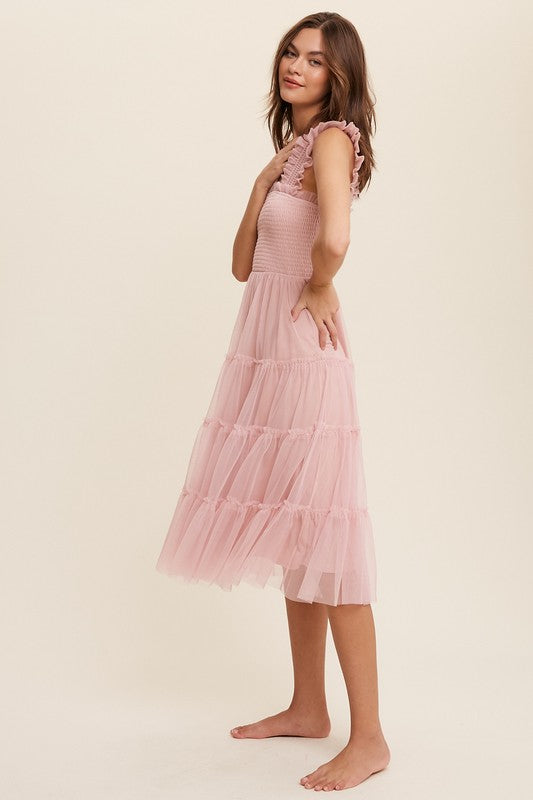 Smocked Ruffle Tiered Mesh Midi Maxi Dress