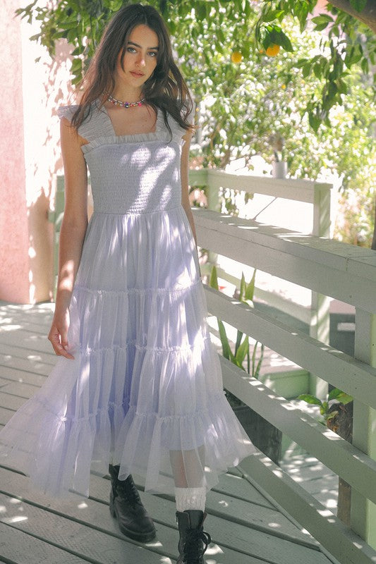 Smocked Ruffle Tiered Mesh Midi Maxi Dress