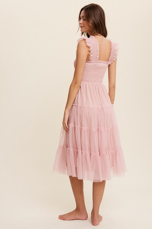 Smocked Ruffle Tiered Mesh Midi Maxi Dress