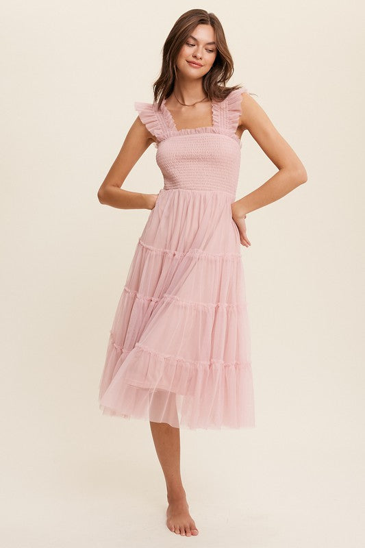 Smocked Ruffle Tiered Mesh Midi Maxi Dress