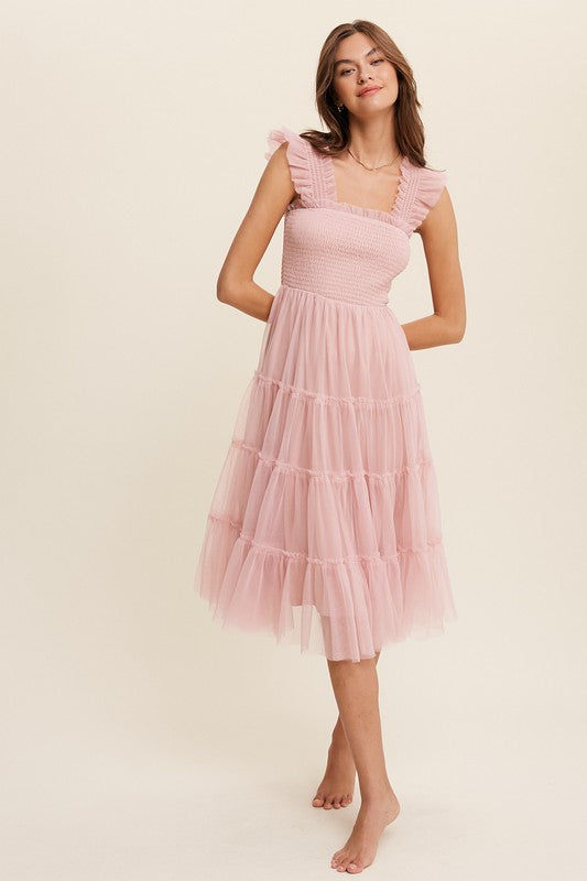Smocked Ruffle Tiered Mesh Midi Maxi Dress